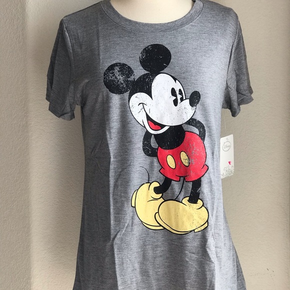 Disney Mickey Mouse Gray Short Sleeve Fitted T-shirt Scoop Neck Women sz Large - Picture 12 of 16